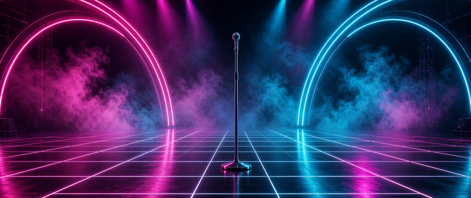 Ilustração de palco com iluminação neon e música pop